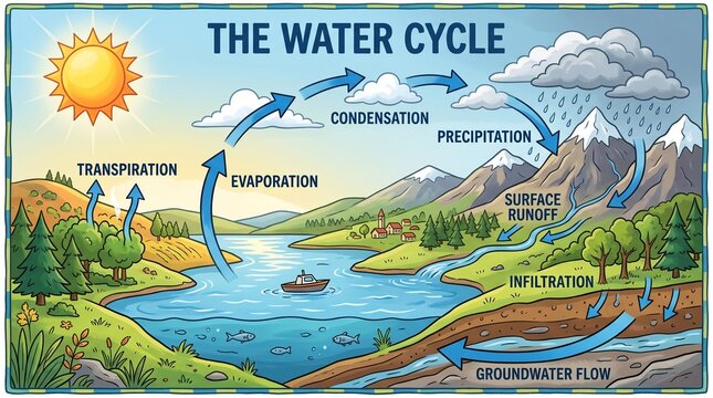 Water Cycle Diagram Showing Evaporation Condensation Precipitation and Groundwater Flow
