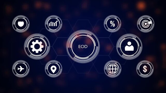 A central circular the acronym EOD surrounded by smaller circular representing business concepts like a gear, graph, person, airplane, location pin, globe, dollar sign, target, and percentage
