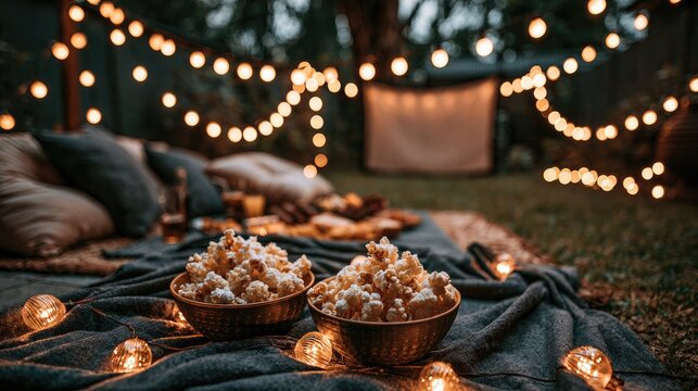 Cozy backyard movie night with string lights, popcorn, and pillows