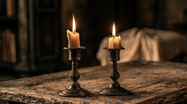 Two antique candlesticks with lit candles on a rustic wooden table