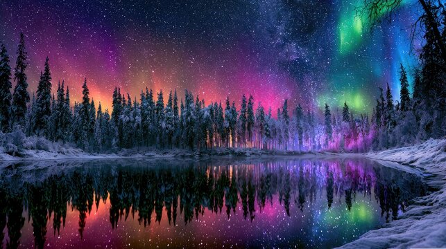 Vibrant aurora illuminates snow-covered forest and tranquil lake with reflections