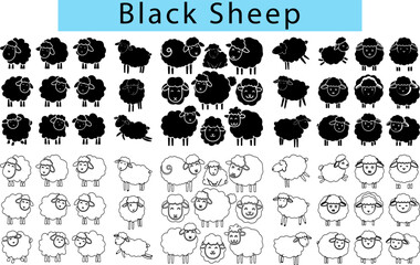 Black Sheep vector illustration black and white, Black Sheep outline drawing art, Black Sheep silhouette vector art and graphics © GraphiTee Forge