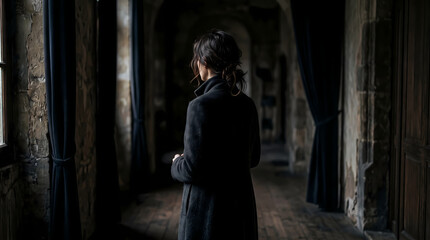 Naklejka premium Faceless portrait of a person standing in a dark hallway with dramatic light