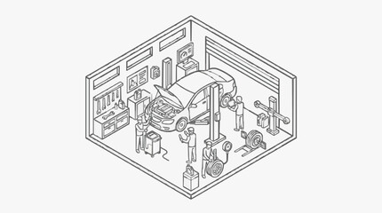 Obraz premium Clean Black and White Isometric of a Busy Auto Repair Shop with Mechanics Working with high quality professional line art symbols for modern creative design and digital branding projects