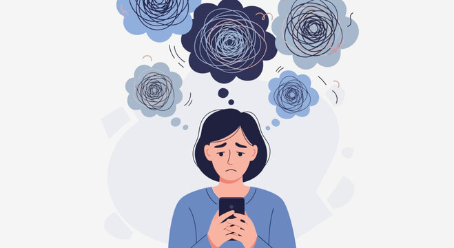 Sad woman with phone, anxious thoughts shown as blue scribbled clouds, mental health concept