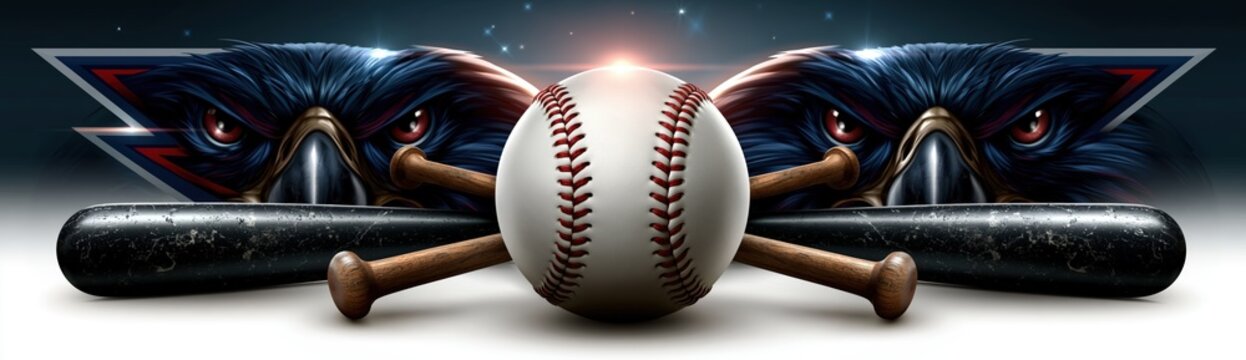 Classic fierce baseball sports logo emblem with aggressive eagle head behind crossed bats and red stitched ball on white background.