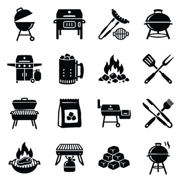 Barbecue and grilling equipment icon set with barbecue charcoal equipment utensils preparation restaurant culinary appliance collection silhouette isolated pictogram roasting broiling
