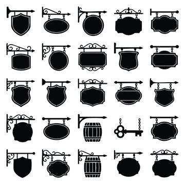 Assorted hanging shop signs and pub signage silhouettes with business silhouette collection restaurant template advertisement commercial traditional exterior branding
