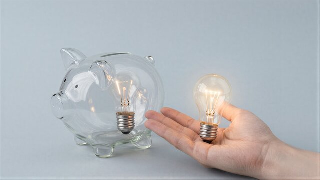 Hand holds glowing light bulb inside transparent piggy bank, symbolizing savings and smart energy choices.