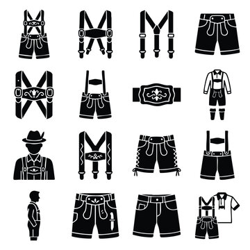 Set of traditional german alpine leather lederhosen shorts and suspenders icons with lederhosen bavarian suspenders trachten oktoberfest traditional clothing silhouette heritage menswear