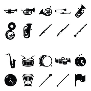 Musical instruments collection black silhouette icons set with instrument silhouette saxophone trombone percussion orchestra performance classical woodwind collection symphony equipment