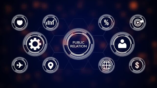 Public relations concept with interconnected representing communication, business, and global outreach on a dark blue background with bokeh lights Keywords: public, relations, PR, communication