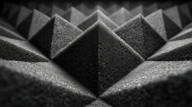 Acoustic foam texture, grey pyramid pattern soundproofing material, studio wall background, soft synthetic surface 