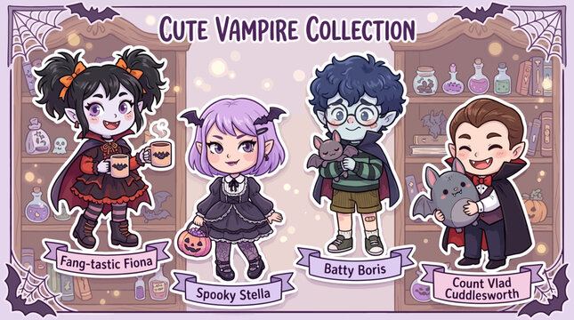 Cute Vampire Collection Cartoon Characters Fang-tastic Fiona Spooky Stella Batty Boris Count Vlad Cuddlesworth