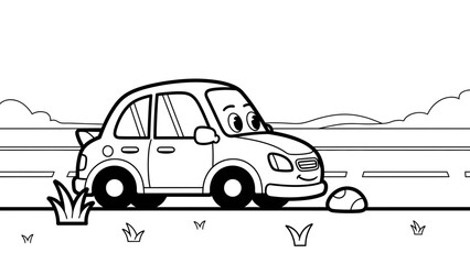 Naklejka premium Cute Cartoon Car Coloring Page with Grass and Road