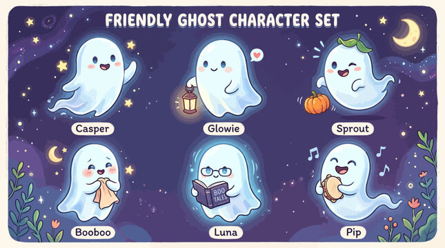 Friendly ghost character set with six cute ghosts named Casper Glowie Sprout Booboo Luna Pip