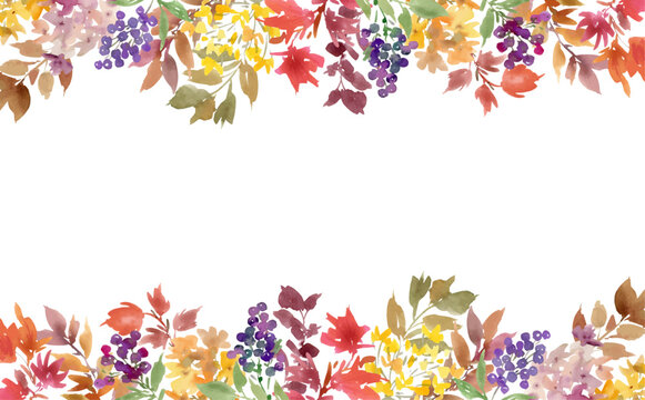 Watercolor autumn background with abstract hand painted Autumn leaves and berries for banner, greeting card and stationary. Vector file.