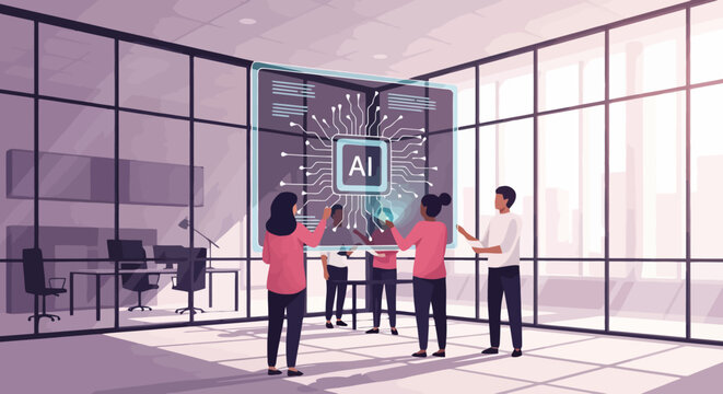 Modern female professional presenting data on digital interactive screen in front of office glass conference room, vector illustration