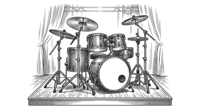 Drum set on stage with cymbals.