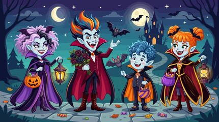 Happy cartoon vampires in Halloween costumes with candy and lanterns on a spooky night © Nisitha