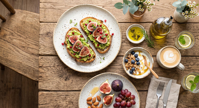 Toma cenital de desayuno mediterr&aacute;neo gourmet moderno con tostadas de aguacate, higos y aceite de oliva sobre mesa de madera r&uacute;stica