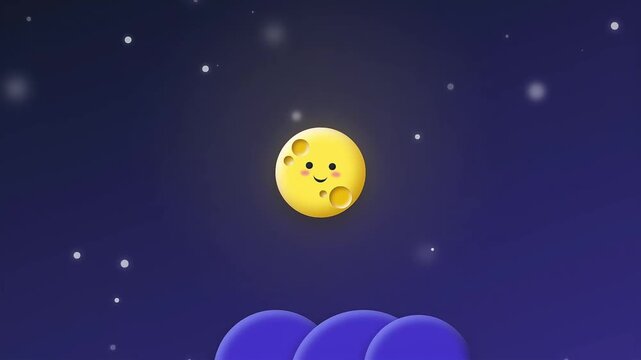 Cartoon animation of a smiling yellow moon with a purple night sky background, purple clouds and bokeh effect