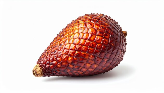Salak Fruit, Snake Fruit: A single, ripe salak fruit, also known as snake fruit, with its distinctive scaly, reddish-brown skin, is showcased against a clean, bright background.