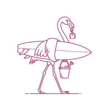 Flamingo carries surfboard, bucket with flowers and wears sunglasses on a beach