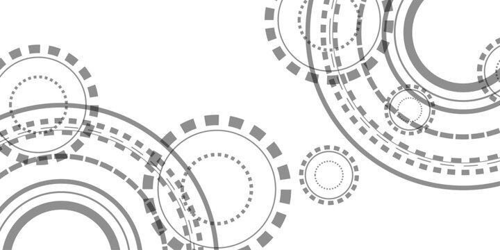 Abstract geometric digital graphic background with concentric circles and dashed lines in shades of grey, resembling technology or data flow
