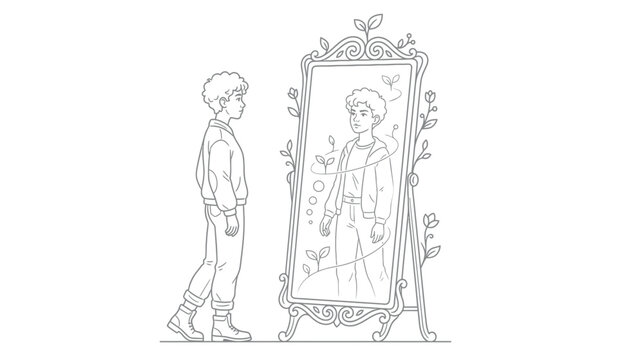 Person Looking in Ornate Mirror with Growing Plants, Reflection Shows Inner Growth