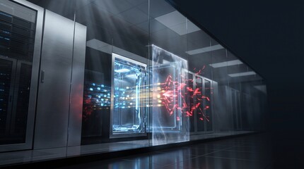 Obraz premium Server room data security breach showing a digital glass wall shattering under a powerful cyber attack in dark facility