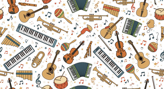 Colorful seamless pattern featuring various musical instruments and musical notes on a white background with stars.
