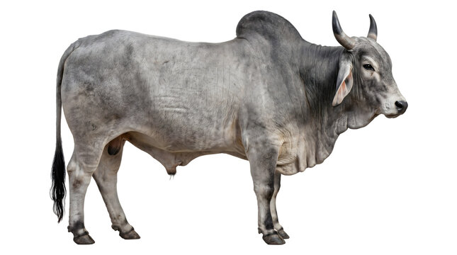 Brahman bull with a prominent hump curved horns and gray hide standing sideways as PNG isolated transparent background