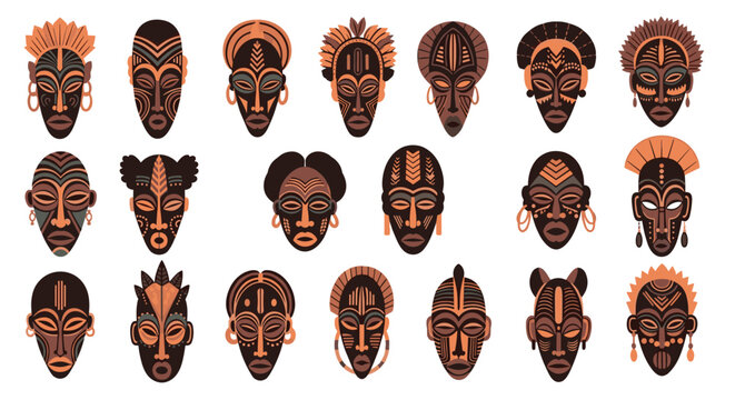 Collection of traditional African tribal masks with unique patterns and symmetrical designs in various shapes and earthy brown tones.