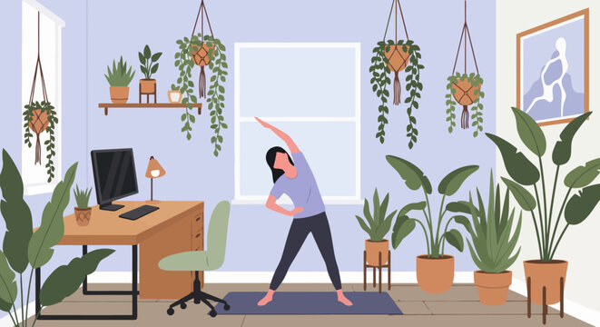 Cozy home office interior with desk computer and indoor potted plants