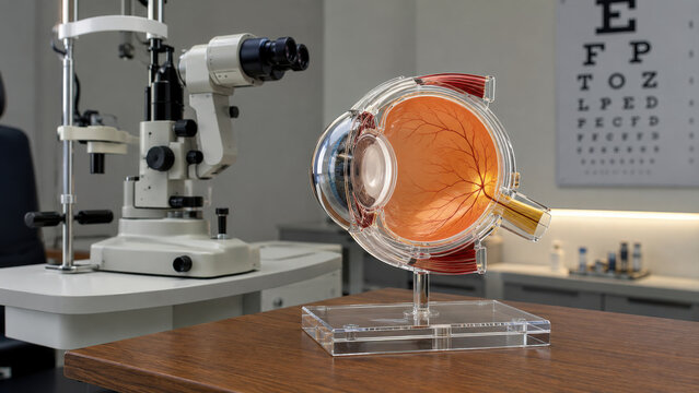 Anatomical transparent acrylic eye cross section model on wooden desk in ophthalmology clinic, with slit lamp and visual acuity chart visible in background