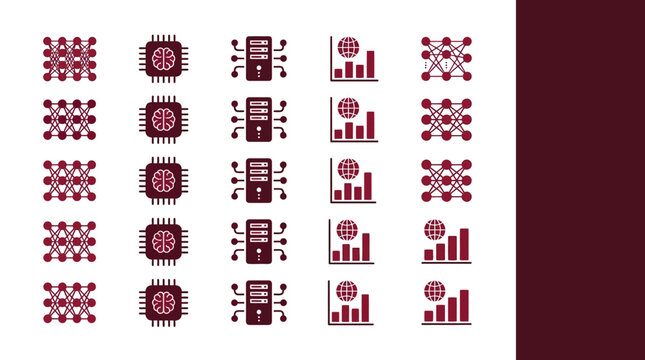 Data science icons depicting neural networks, microprocessors, server infrastructure, and global statistics are arranged in a grid for professional presentations on computing and modern technology.