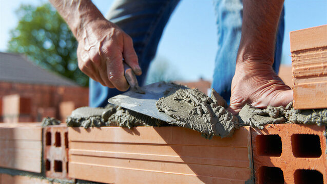 Bricklayer using a metal trowel to spread mortar on bricks with bricklayer construction building