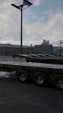 Several trucks are parked at a loading area with a city skyline in the background. The sky shows clouds and there are buildings in the distance. The ground is made of asphalt.