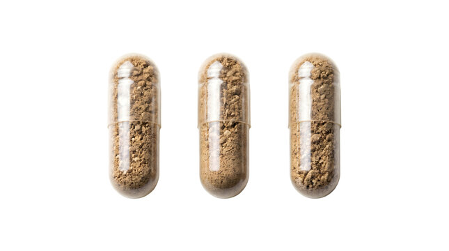 Three transparent capsules filled with brown herbal powder standing upright as a PNG with isolated transparent background