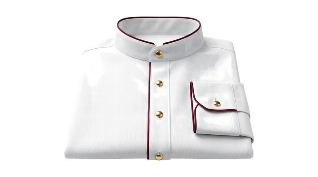 White shirt with a collar and maroon piping folded showing gold buttons isolated on transparent PNG background
