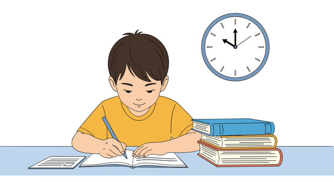 Diligent young boy does his homework at a desk with stacks of books while a clock on the wall shows ten o'clock to represent time management.