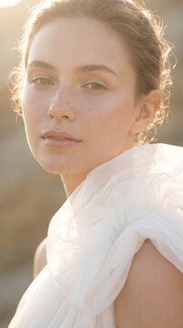 A serene portrait of a young woman with natural skin and freckles dressed in ethereal white tulle fabric under a soft warm glow of golden hour sunlight