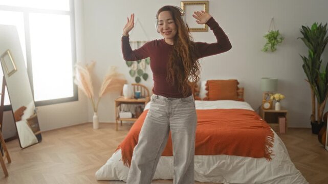 Young woman dancing with headphones, hands raised, smiling beside a made bed and plants in a studio; joyful relaxation.
