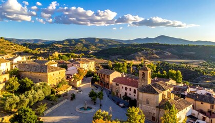 Obraz premium Small Hillside Village with Stone Buildings and Church Tower Overlooking Rolling Green Hills