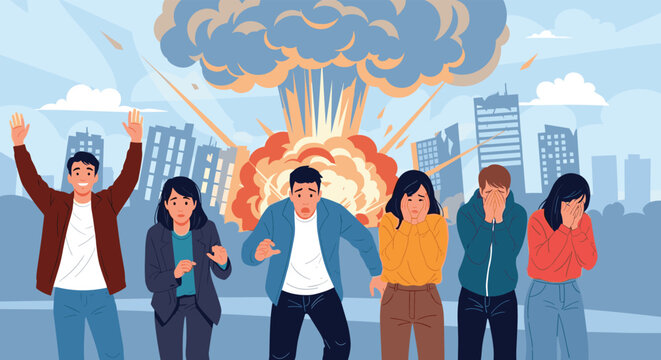 Terrified group of people running away from a massive orange and gray explosion in a crowded urban city street.