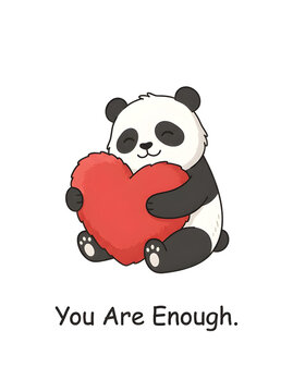 Cute panda hugging a heart-shaped pillow, minimalist illustration, isolated on white background, text: "You Are Enough."