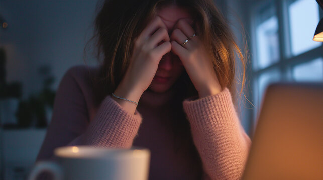 Overworked and stressed young woman holding head in hands while working late on laptop at home