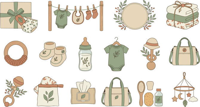 Boho Sustainable Baby Shower Gift and Newborn Clothing Icon Set featuring Organic Botanical Nursery Accessories and Diaper Bag Graphics
