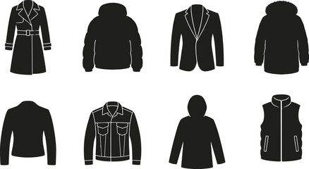 Winter Outerwear Vector Icon Set Featuring Coats Jackets Hoodies Blazers Parkas and Vests in Black Silhouette Style © MstRehna
